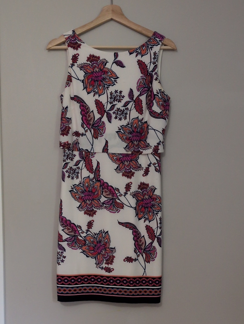 Sleeveless White High Neck Floral Sheath Dress with Pink & Orange Print